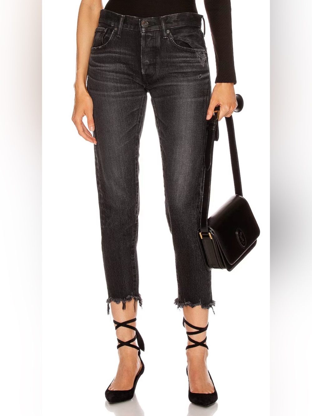 Moussy Vintage Button Fly Jeans Staley Crop Japan Black Denim Distressed Wmns 30